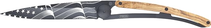 deejo - 27G Folding Pocket Knife with Belt Clip - Stars and Stripes Design 2.95-Inch Stainless Steel Blade Black Titanium Finish Olive Wood Handle - Lightweight EDC for Home Work and Outdoor Use