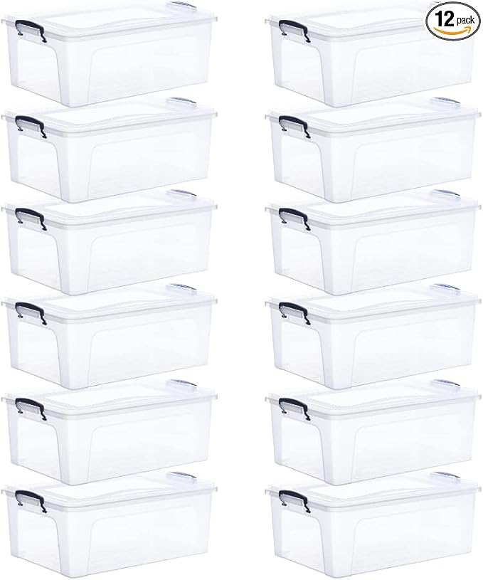 Superio Clear Storage Boxes with Lids Plastic Container Bins for Organizing Stackable Crates BPA Free Non Toxic Odor Free Organizers for Home Office School and Dorm (22 Quart 12 Pack)