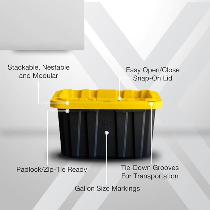 7 Gallon Heavy-Duty Stackable Storage Bins with Lids Black Professional Grade Organizers with Reinforced Yellow Snap-Fit Lids (Pack of 4)