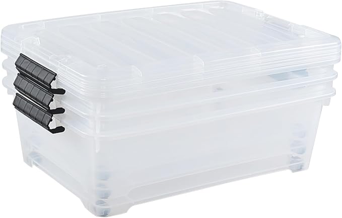 Hespama 3 Pack Plastic Storage Boxes with Lids 20 Quart Rolling Plastic Bins for Under the Bed
