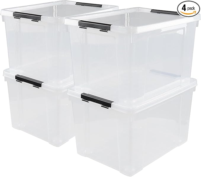 Hespama 4 Packs Clear Plastic Storage Bin 50 Quart Large Storage Containers with Wheels