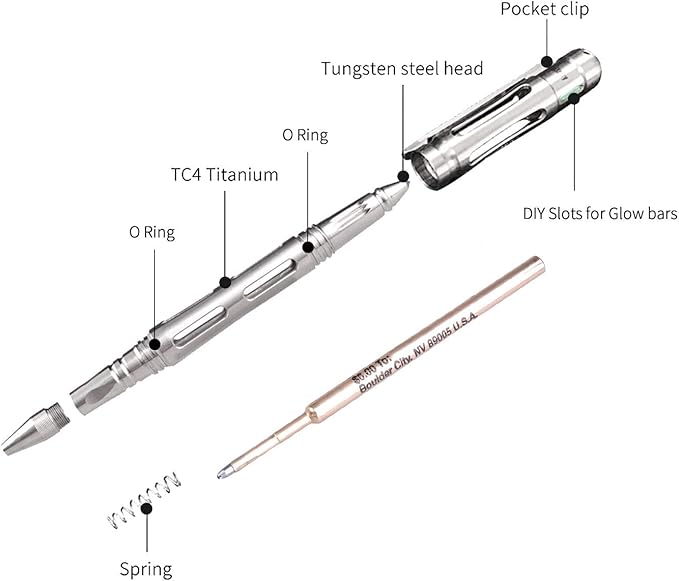 MecArmy TPX33 Titanium Tactical Pen with Tungsten Steel Glass Breaker for Self-Defence Anti-roll concave-convex shell with Comfortable grip for Writing Refill Pocket Clip included (Titanium Silver)