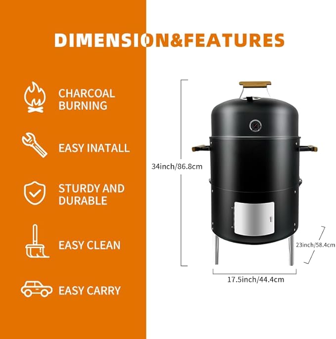 17 BBQ Smoker Grill Built in Thermometer Air Vent and adding charcoal door Multi-Layer heavy duty Meat Smoker Grill