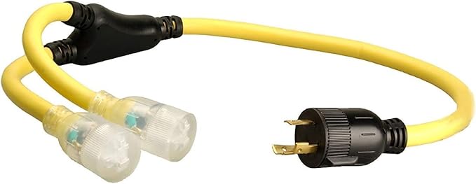 Coleman Cable 01915 3-Feet Generator Power Cord Adapter 10/3 Splitter Y Adapter L5-30P to (2) Lighted 5-20R