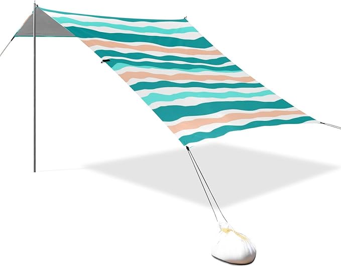 Beach Canopy with Windproof Ropes &amp Sandbags Beach Tent Sun Shade Sun Shelter for Camping Trips Fishing Backyard Fun or Picnics Stripes