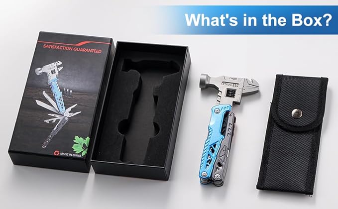 18-in-1 Multitool with Hammer &amp Adjustable Wrench Heavy-Duty Stainless Steel Folding Multi Tool Pliers for Camping Survival &amp Emergency Practical Gifts for Men &amp Dad (Blue)