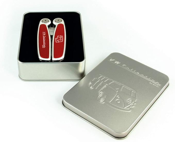 BRISA VW Collection - Volkswagen Multitool Foldable Pocket Tool 8 in 1 Stainless Steel Multifunctional in Retro/Vintage with VW T1 Bus (Silhouette/Red)