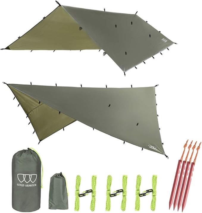 Gold Armour Rainfly Tarp Hammock Premium 14.7ft/12ft/10ft/8ft Rain Fly Cover Waterproof Ultralight Camping Shelter Canopy Survival Equipment Gear Camping Tent Accessories (OD Green 12ft x 10ft)