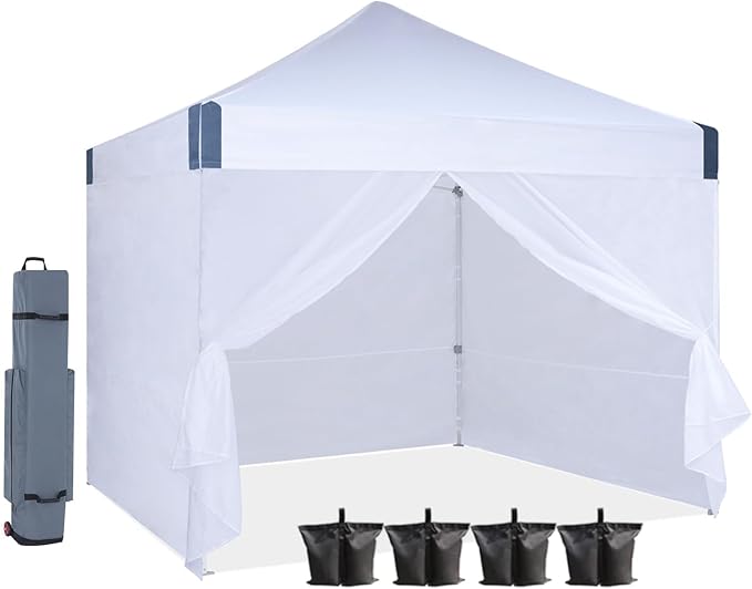 10x10 Pop Up Canopy Tent with Sidewalls Heavy Duty Commercial Instant Tent with Sand Bags for Deck Party Camping Backyard Playground White