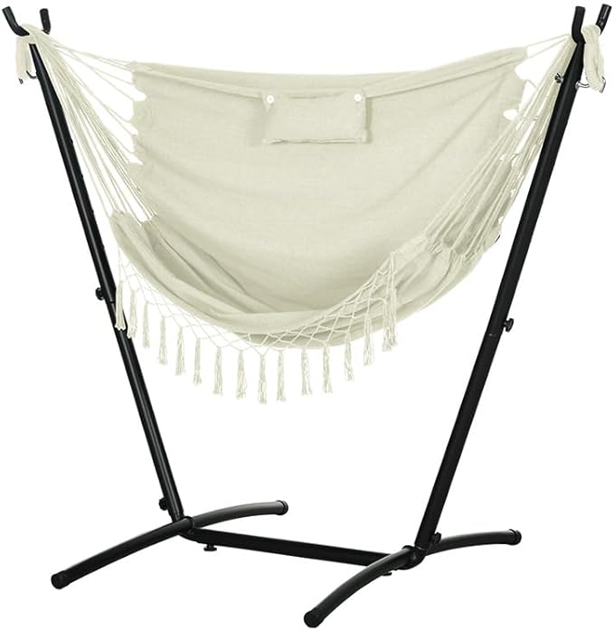 Luxurious Premium Cream White Hammock Chair with Stainless Steel Stand Accessory Storage Side Pocket and Comfort-Focused Headrest