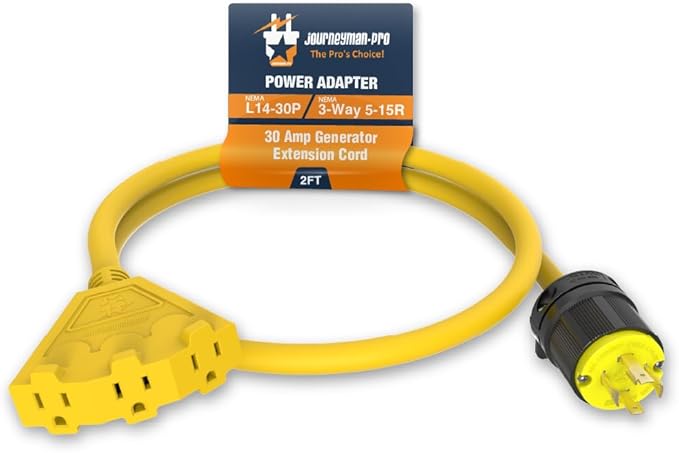 L5-30L14-30 or TT-30 to Triple 5-15R Generator Power Cord Adapter by Journeyman Pro | 30A to 15A/110V 3-Way Splitter | 3-Prong RV Distribution Cords (2'FT L1430P to Triple 5-15R)