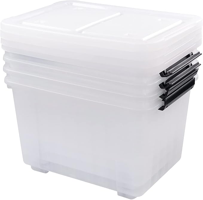 4 Packs 30 L Stackable Plastic Storage Bins with Lids and Wheels Latching Clear Storage Container Box