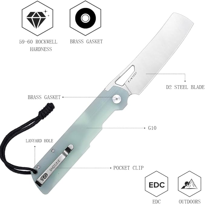 EDC Outdoor Folding Knife 4.01 Camping Chef Pocket Knife for Man G10 Handle with Pocket Clip for Outdoor Cooking Fishing &amp Hiking.59-60 HRC D2 Steel Satin Blade. XUN119A-JGS