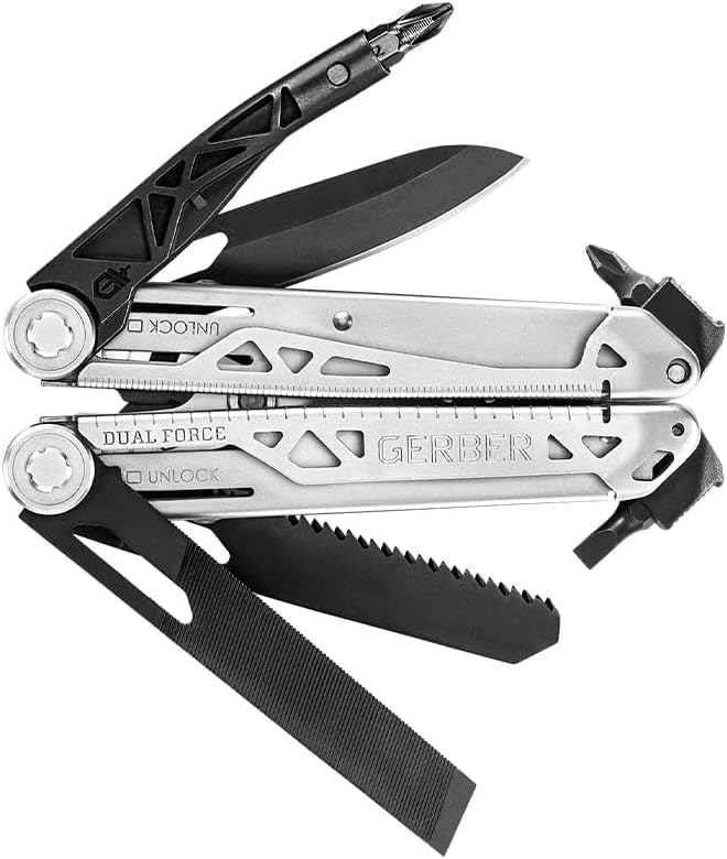 Gerber Gear Dual-Force Multitool - Heavy Duty Center Axis Driver Blunt Nose Pliers with Saw Wire Cutters Bit Storage and More - Multi