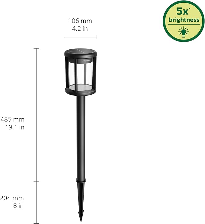 Philips LED Reina Outdoor Solar Pathlight 1-Pack Long-Lasting Solar Powered LED Light Bright White Light 3000K 50 Lumens Ground Spot IP44 Black