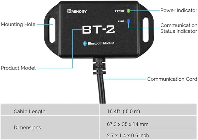 Renogy BT-2 Bluetooth Module for Solar Systems - Wireless Monitor &amp Control via DC Home App RS485/RJ45 Port 82ft RangeIP54 WaterproofCompatible with MPPT ControllersLithium BatteriesInverter