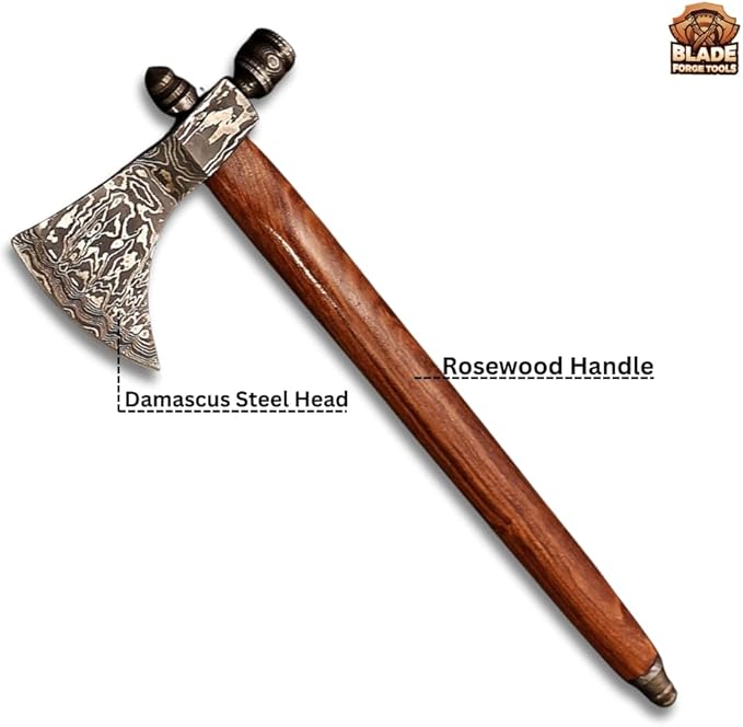 Damascus Axe Damascus Head with Rosewood Handle Comfortable Grip Comes with Leather Sheath Best for Display and Gift for Your Loved Ones