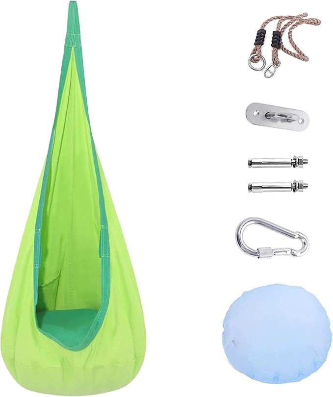 TOPIND Kids Hanging Pod Swing ChairChild Hammock Chair for Indoor and OutdoorSwing Chair with Inflatable Pillow and All Accessories Easy to Hang Comfortable NestGirls and Boys(Green)