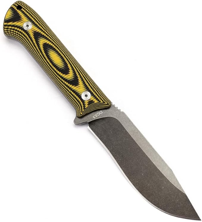 BUIPOS BD06 Fixed Blade Knife DC53 Stone Wash Steel Blade Two-color G10 Handle Full Edge Knife for Outdoor Camping Trekking Hunting Fishing (White Black) (Yellow handle and black blade)
