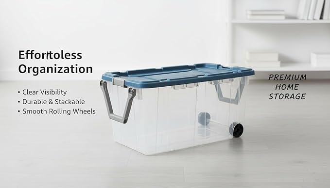 160 Quart Extra Large Clear Rolling Storage Bins 2-Pack Blue Heavy-Duty Plastic with Locking Leakproof Lid for Garage Basement Seasonal Storage &amp Transport