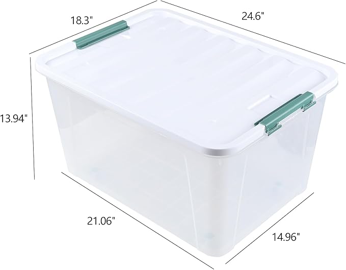 85 Quart Plastic Storage Bins with Wheels Large Clear Latching Storage Box 4 Pack