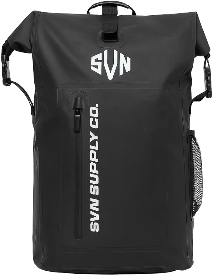 SVN Supply Co. Heavy-Duty Waterproof Backpack – Roll-Top Dry Bag for Hiking Kayaking Camping &amp Outdoor Adventures – Padded Shoulder Straps (Black)