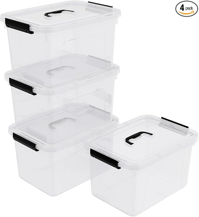 10.5 L Clear Latch Storage Bin with Lid 4 Packs Plastic Organizing Box with Black Handle