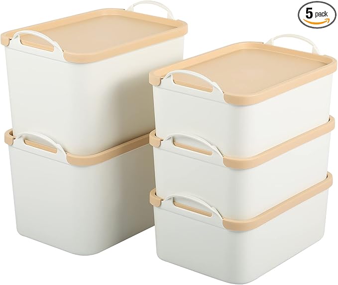 ANMINY 5PCS Plastic Storage Bins Containers with Lids Large Storage Organization Bins Boxes Lidded Plastic Storage Baskets for Closet Shelves Desktop Wheat Lids 2M + 3S