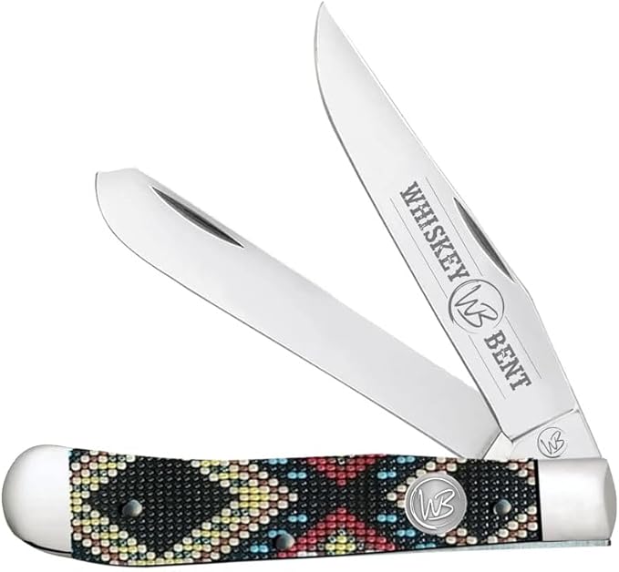 WHISKEY BENT HAT CO. Traditional Trapper Folding Pocket Knife 4.125 Closed Length 440C Stainless Steel Blades (Black Diamond Bead)