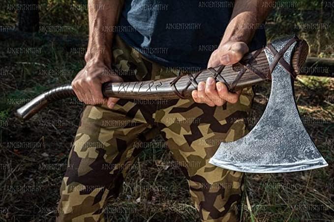 | War Axe Two Handed war Axe Hand Forged Steel Axe Norse Battle Axe Scandinavian Style Viking Hatchet Viking Bearded Tactical Axe History of Viking