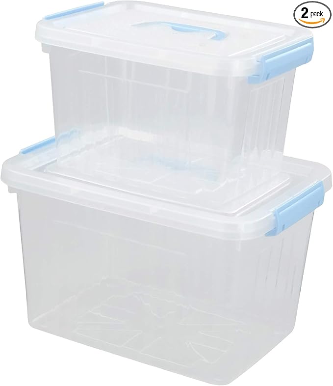 Hespama 2 Pack Lidded Storage Bin Plastic Latching Container Box with Handle 12 Quart &amp 6 Quart