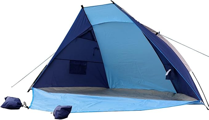 Blue Medium Beach Tent Sun Shelter for 2-3 Person Summer Vacation | Easy Setup Outdoors Canopy Cabana with Carry Bag Travel Family Weekend Holiday