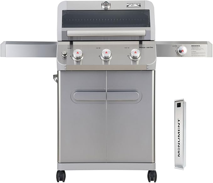 Monument Grills Outdoor Barbecue Stainless Steel 3 Burner Propane Gas Grill 48000 BTU Patio Garden Grill with Side Burner and Knob Controls Mesa305 with Smoker Box