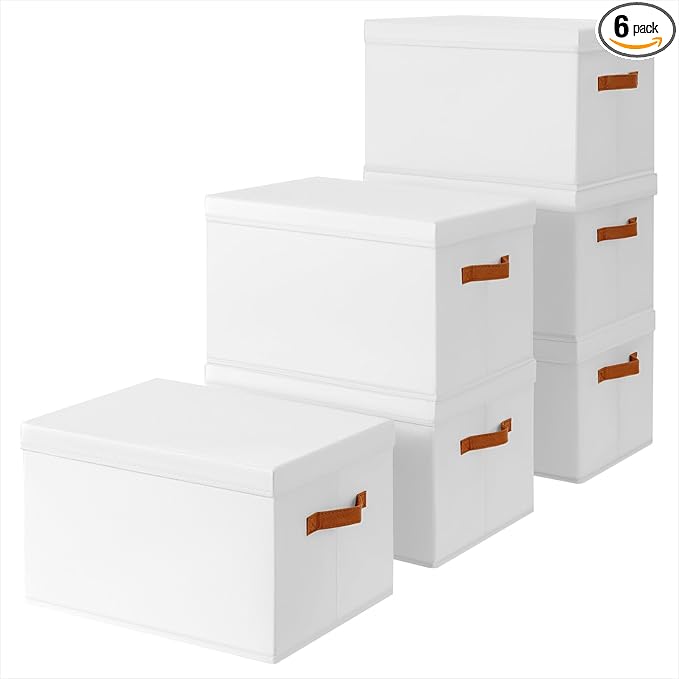 Homsorout Storage Bins with Lids - Large Fabric Closet Bins with Lid 6 Pack Clothes Organizers and Storage Collapsible Stackable Cube Basket for Home Office Dorm White