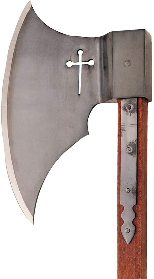 Windlass Hand-Forged Crusader Axe – High Carbon Steel Head with Pierced Cross Leather Grip &amp Cover 30 Medieval Battle Tomahawk for Hunting &amp Camping
