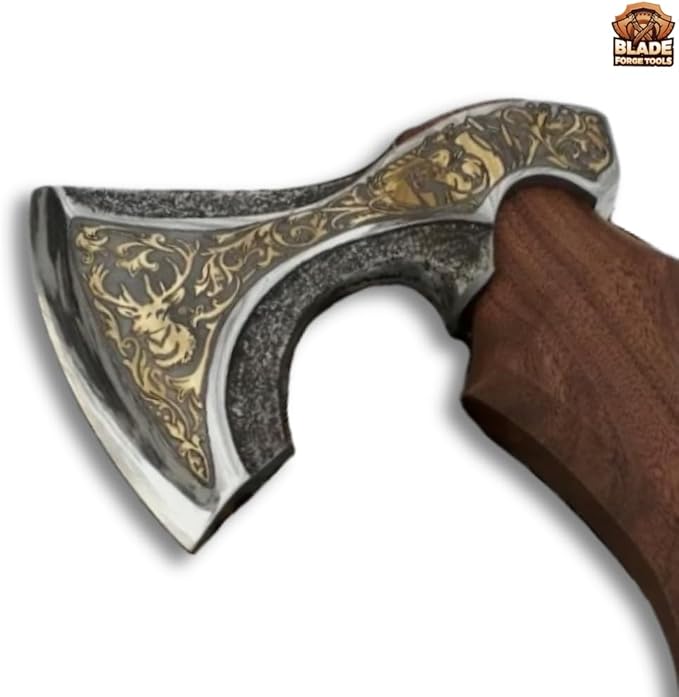 Carbon Steel Head with Hardened &amp Razor Sharpened Edge Rose Wood Handle Uniquely Designed Head Tomahawk Battle Axe with Premium Leather Sheath