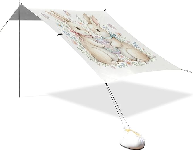 xigua Easter Bunny Beach Tent Sun Shelter with Carrying Bag - Silver Coated Oxford Fabric Beach Canopy for Beach Camping Fishing - Includes Windproof Ropes Sandbags &amp Stakes