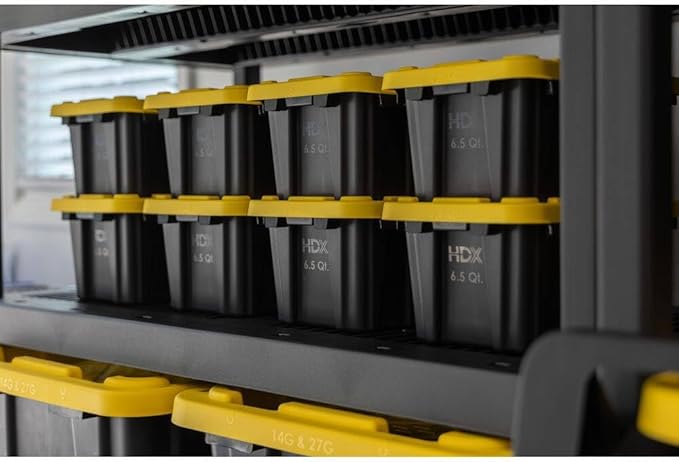 6.5 Quart (1.6 Gallon) Small Tough Storage Tote with Yellow Snap Lid Black Stackable &amp Nestable Heavy-Duty Plastic Organizing Bins 4-Pack
