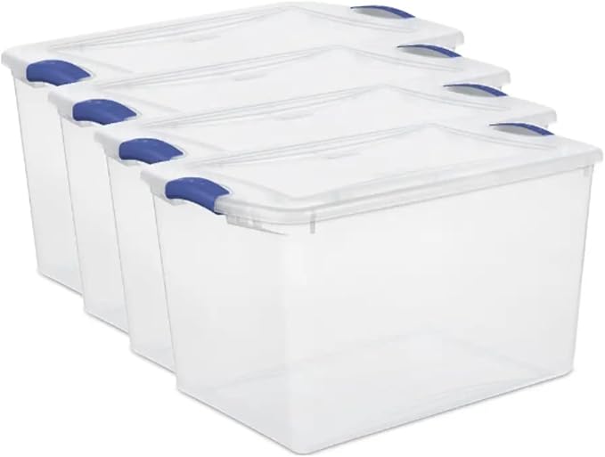66Qt Large Plastic Storage Bin with Lid Plastic Storage Bin with Durable Lid Stackable and Nestable Clear Tote Container Featuring Blue Buckles Ideal for Organization and Storage Purposes (4-Pack)