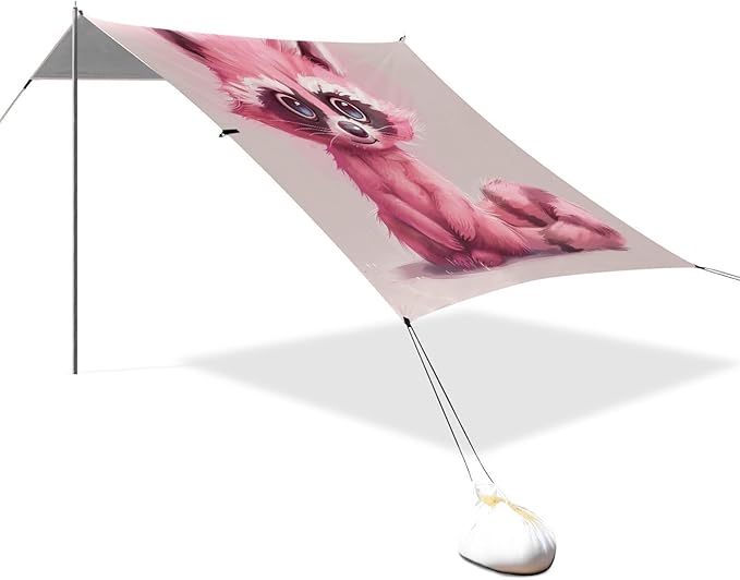 ALAZA Pink Raccoon Cartoon Beach Tent Sun Shelter UPF50+ Protection Beach Shade Canopy w/ 4 Sandbags for Outdoor Camping Fishing Backyard Fun Picnic 10x9 ft
