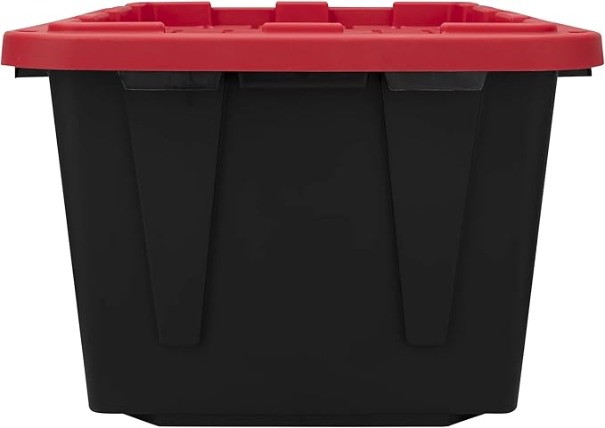 (2 Pack) 27 Gallon Large Storage Bin with Snap Lid Black and Red Heavy Duty Plastic Storage Container Stackable with Secure 2-Point Closure Lockable Holes Indoor/Outdoor Use