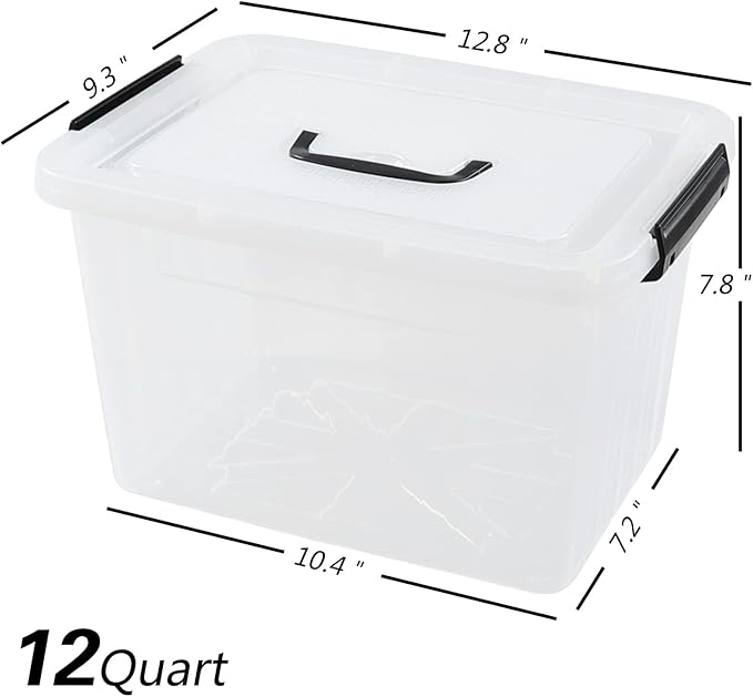 Wekioger 4 Pack 12 Quart Latching Storage Box with Handle Clear Lidded Tote Bin
