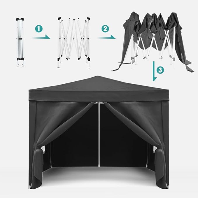 10'x10' Folding Canopy with 4 Removable Sidewalls Outdoor Event Shelter UPF 50+ Gazebo Portable Tents for Parties Beach Camping Wedding EZ Pop Up Canopy Weight Bag + Carry Bag (Black)