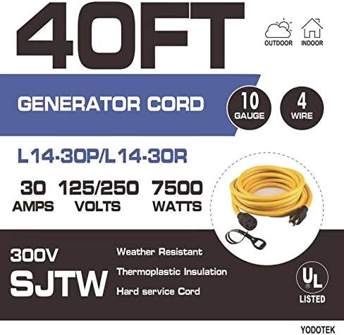 40FT Heavy Duty Generator Locking Power Cord NEMA L14-30P/L14-30R4 Prong 10 Gauge SJTW Cable 125/250V 30Amp 7500 Watts Yellow Generator Lock Extension Cord with UL Listed