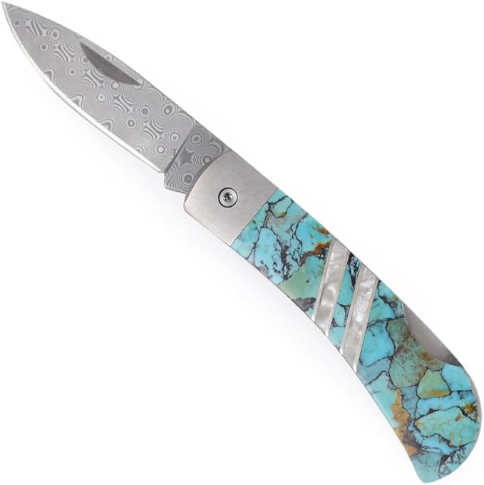 Modern Artisans Folding Pocket Knife with Damascus Blade and Artisan-Crafted Arizona Blue/Green Turquoise Handle 3