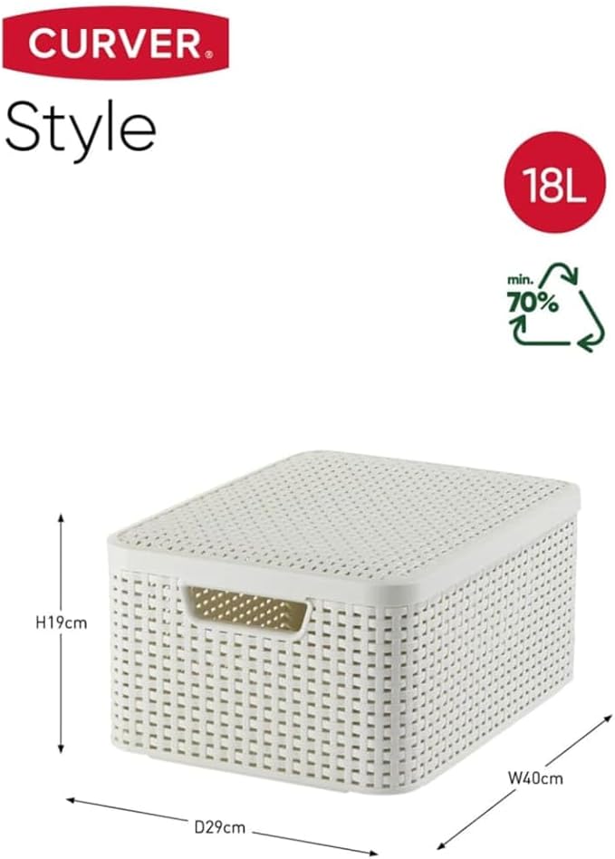 Curver Storage Box with Lid Rattan Look Plastic Storage Basket 39.3 x 29.3 x 18.7 cm Stackable Ecru