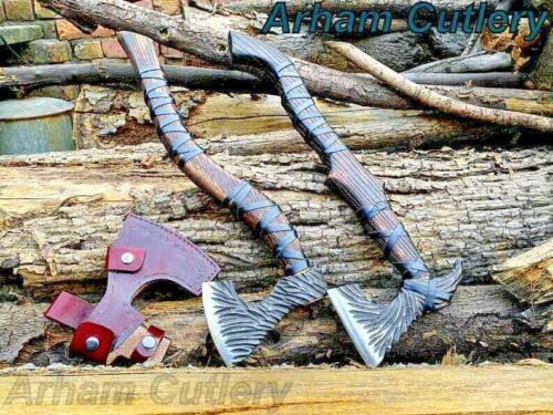 [Viking Tools]-Handmade Pair of High Carbon Steel Black Viking AxesViking Bearded Axe - HuntingBattle Camping &amp Survival High Carbon Steel Axe with Leather Sheath Rose Wood Handle