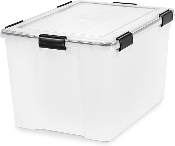 IRIS USA WeatherPro 74 Qt Storage Bins with Lids 2 Pack BPA-Free Plastic Gasket Box with Tight Latch and Seal Stackable Nestable Tote Tub - Clear/Black