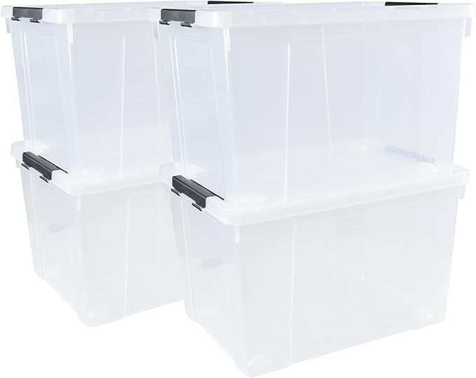 4 Pack Clear Storage Latch Bin with Lid 34 L Plastic Wheeled Storage Box