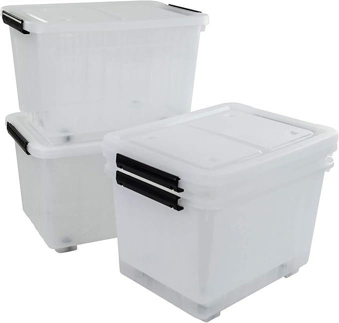 30L Plastic Storage Bin Stackable and Nestable Storage Boxes with Lids and Secure Latching Buckles Large Storage Container (Clear)